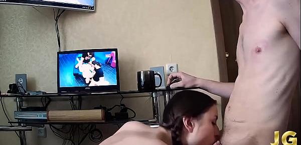  Teen Deepthroat and Jerk Off Cock Friend while He Watching Porn